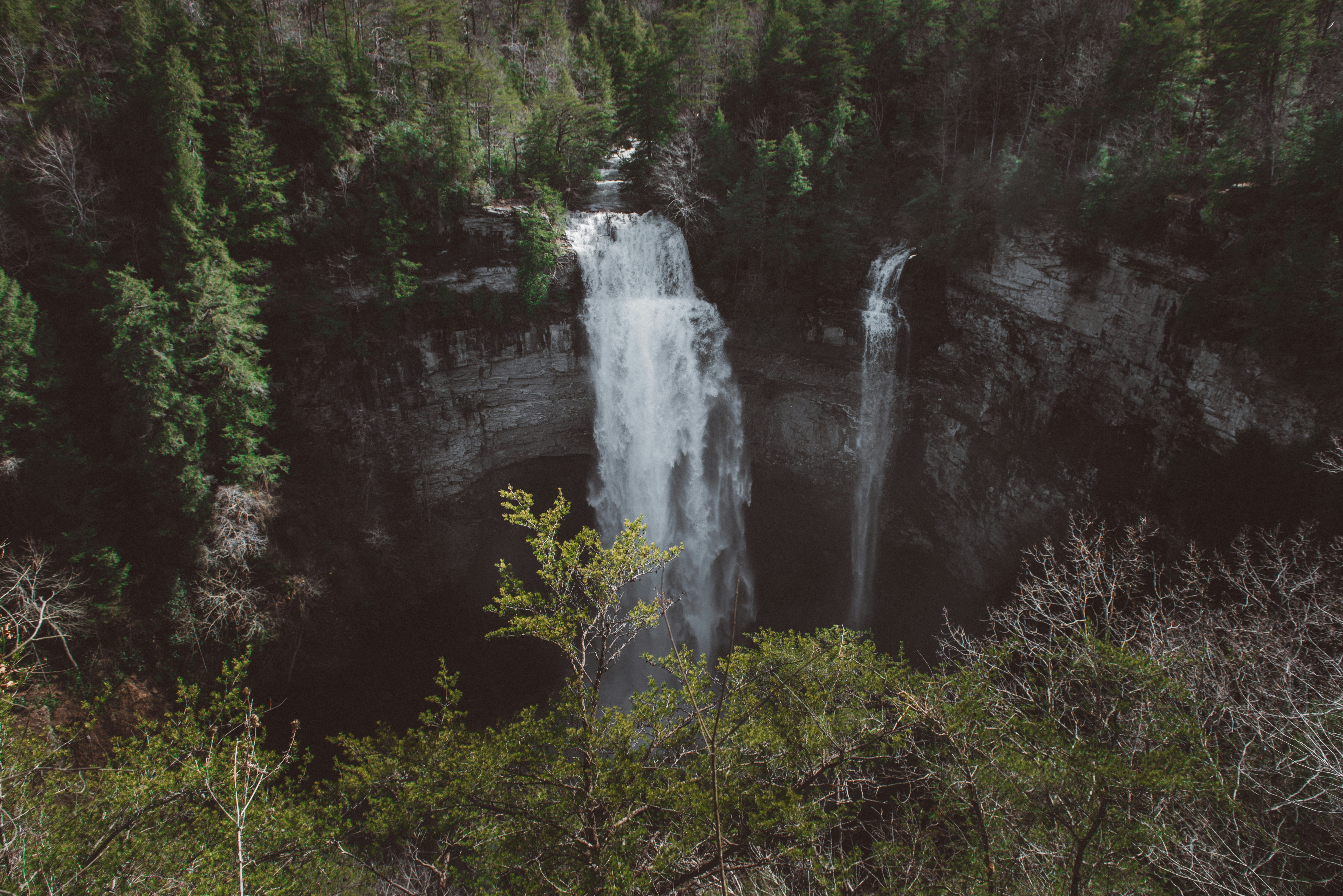 falls surrounded by trees on mountain during daytime